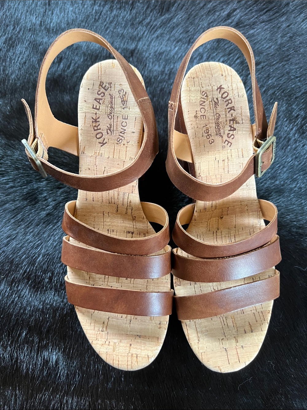 Kork-Ease Brown Triple Strap Cork Wedge Sandals.  Pasha